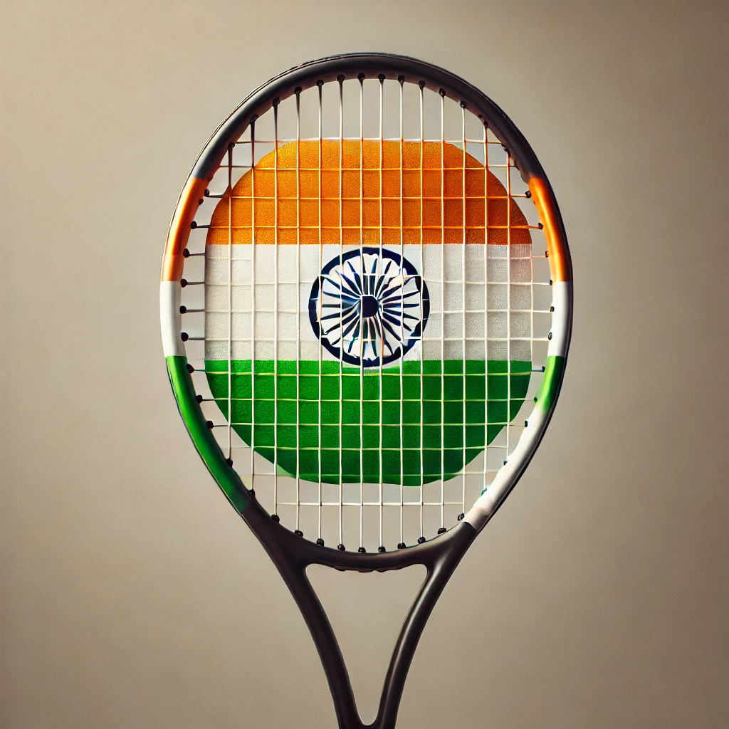 "A tennis racket with the Indian flag prominently displayed on the strings or handle, symbolizing Leander Paes' connection to India and his pride in representing the country in tennis."