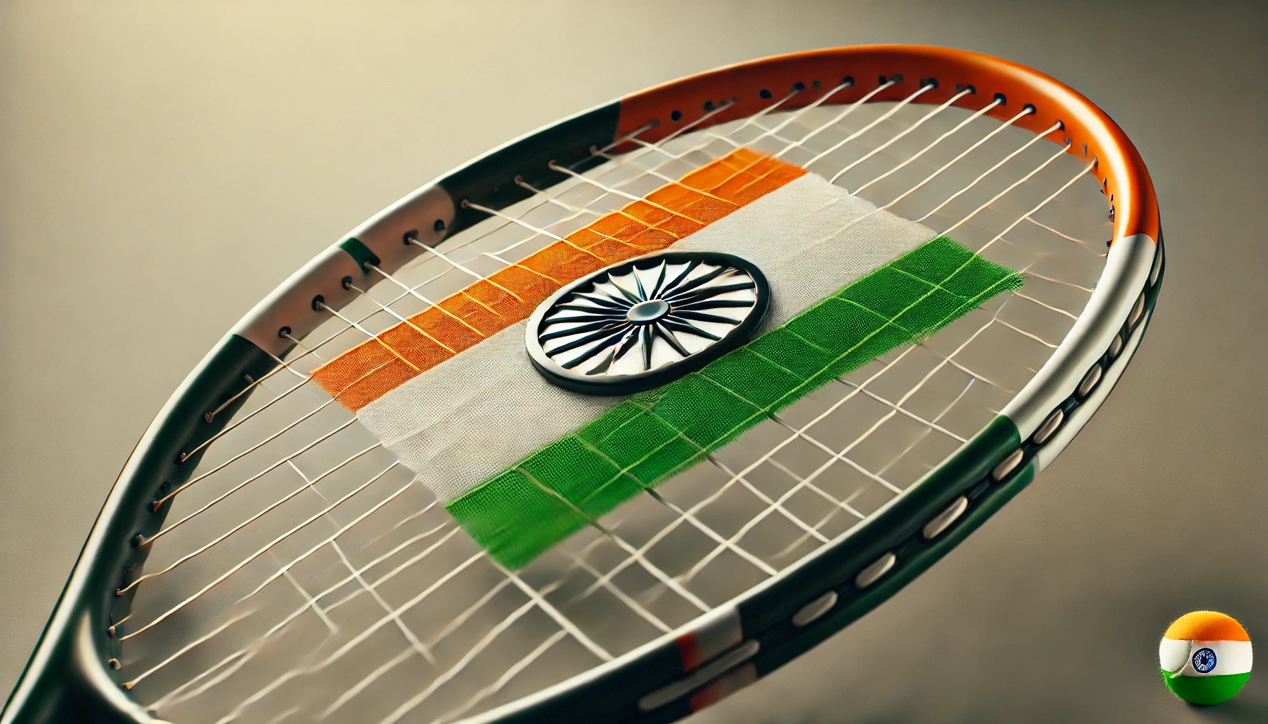 A close-up of a tennis racket with the Indian flag displayed on the strings or handle, symbolizing India's connection to tennis and national pride