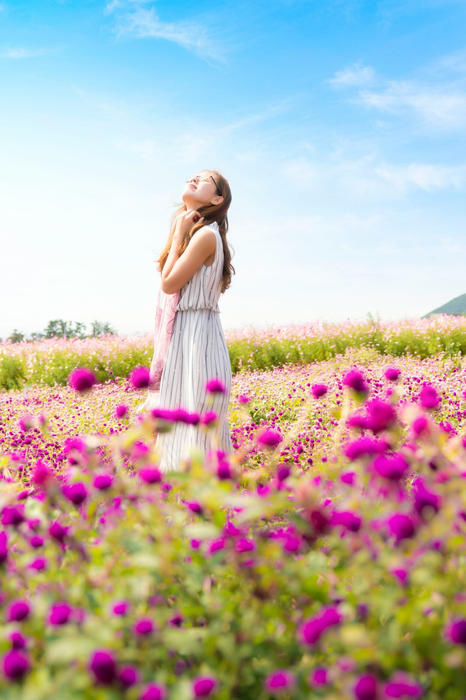 woman wearing white and gray striped sleeveless dress smelling the air standing in the pink flower field at daytime