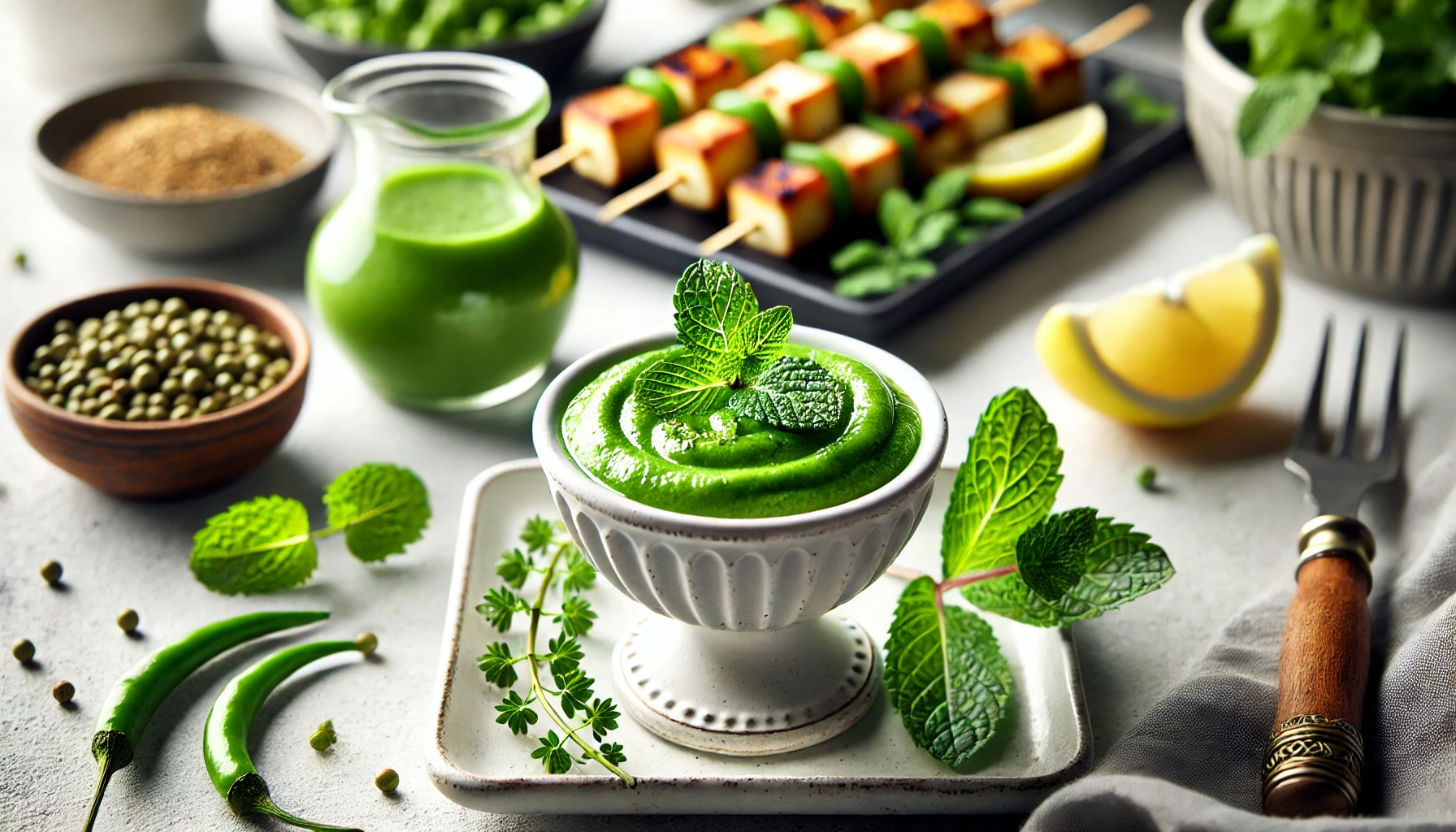 A vibrant green mint chutney served alongside paneer tikka