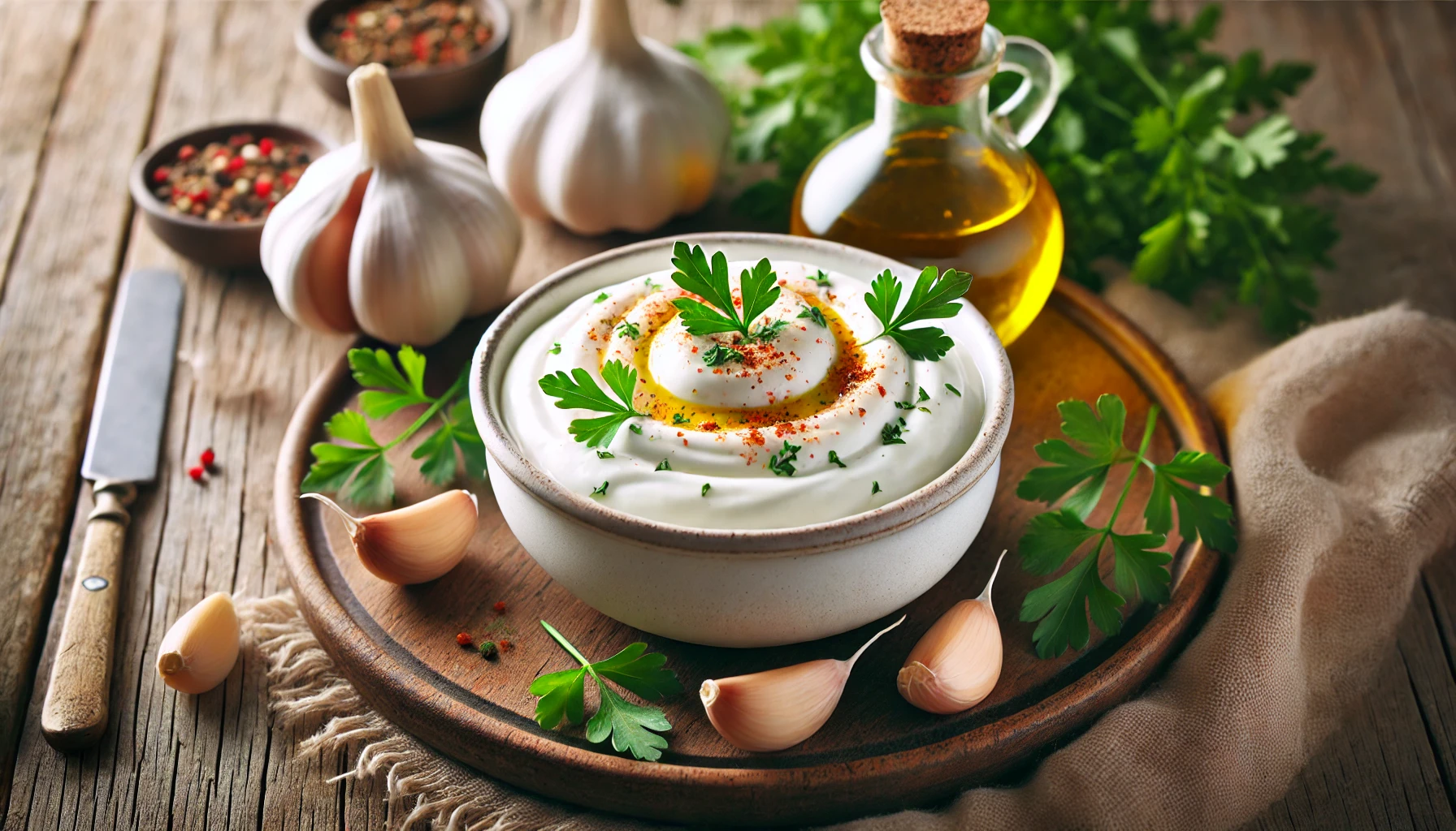 A creamy bowl of garlic yogurt dip garnished with olive oil and fresh herbs