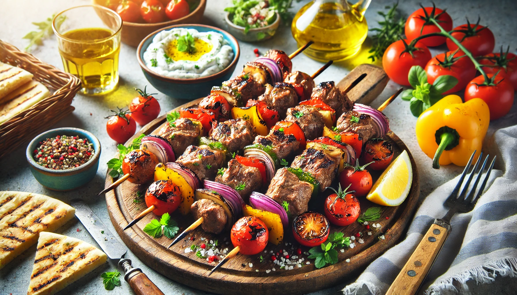 Grilled Greek lamb shish kebabs served with tzatziki and pita bread