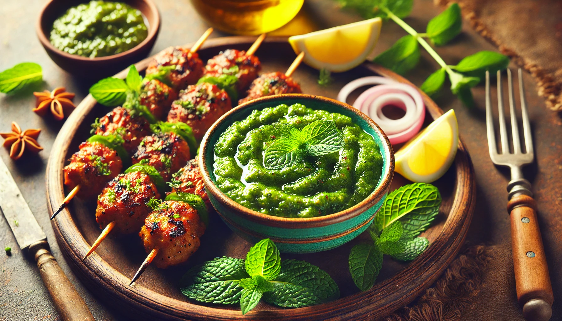 A bowl of vibrant green chutney garnished with mint leaves, served alongside grilled kebabs