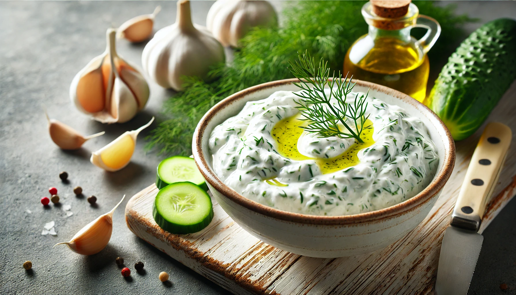 A creamy bowl of tzatziki sauce garnished with fresh dill and served with pita bread