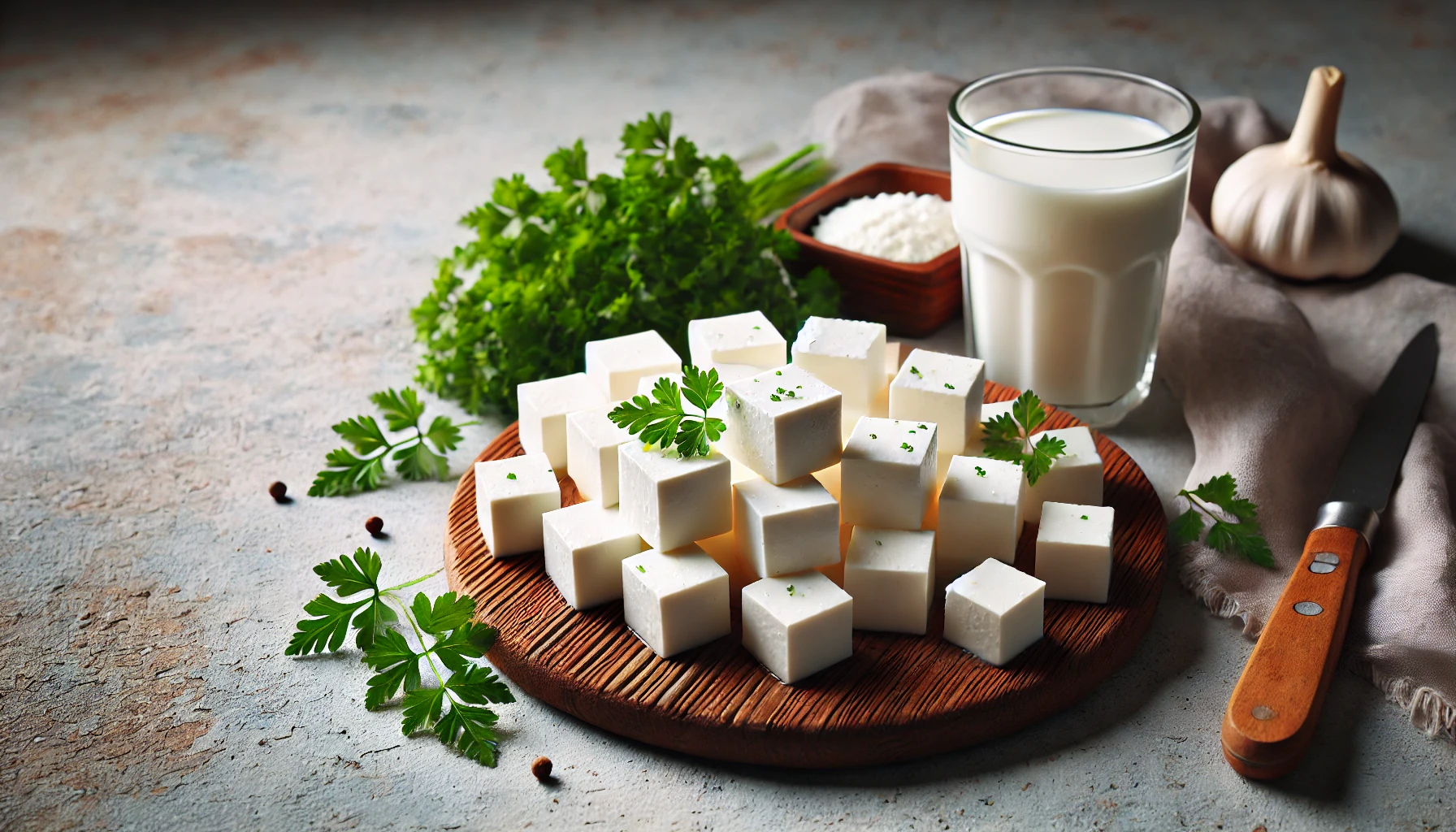 Fresh cubes of paneer on a wooden board with parsley and a glass of milk