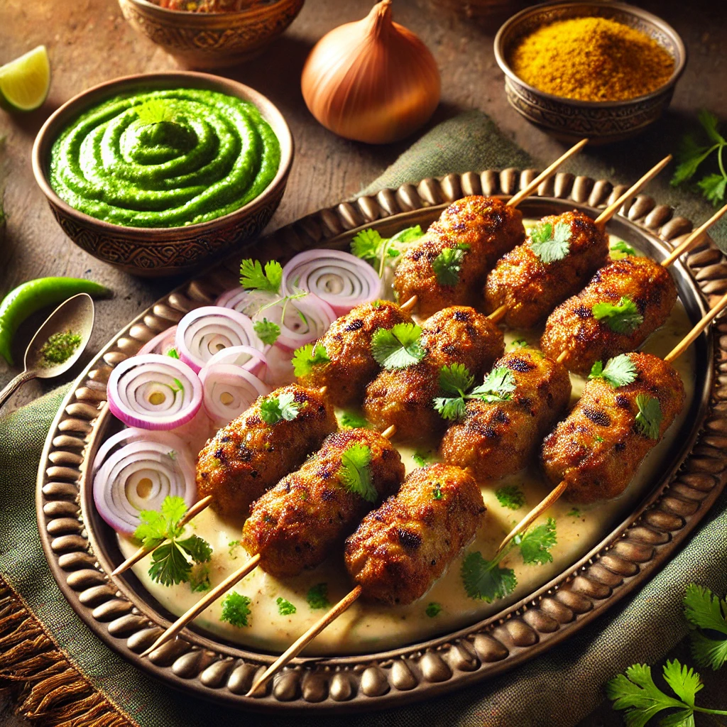 Juicy and creamy Malai Kebabs served on a platter with mint chutney and sliced onions.