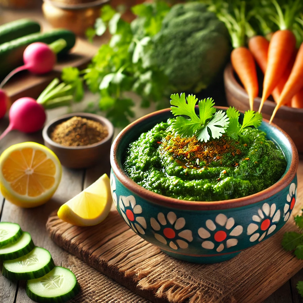 A vibrant bowl of cilantro mint chutney served with lemon wedges and freshly sliced vegetables.