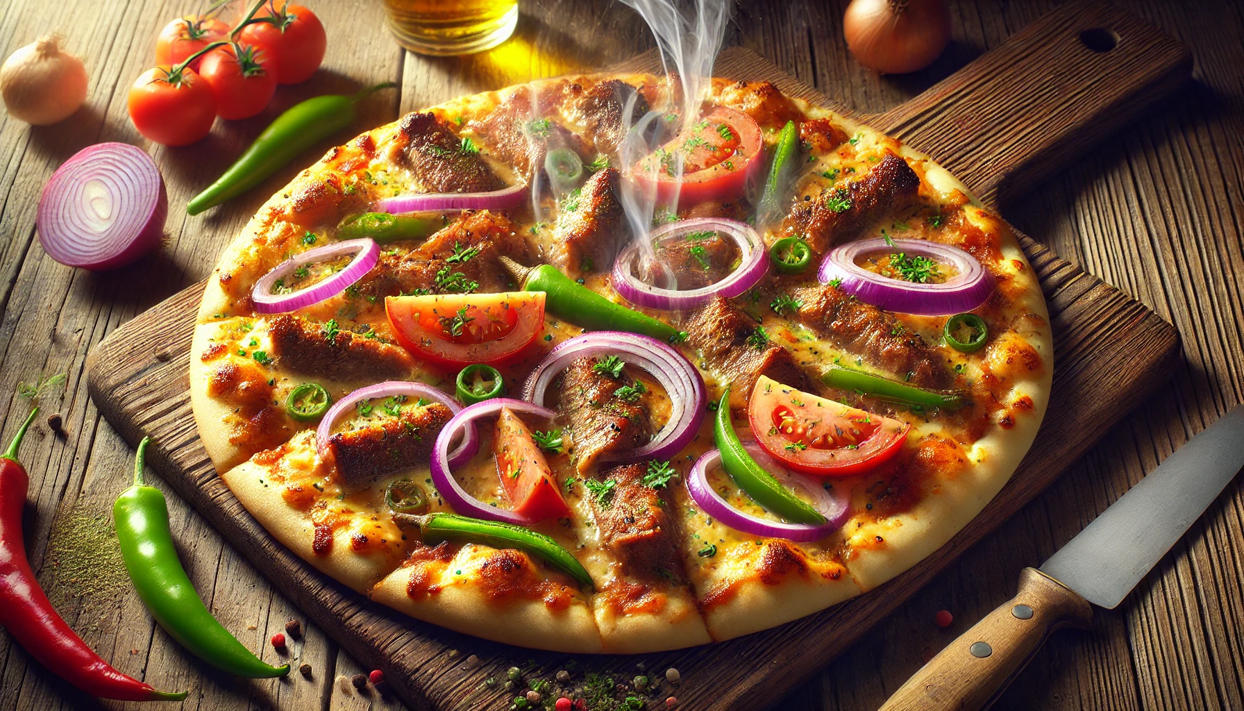 A freshly baked kebab pizza with juicy meat, vibrant vegetables, and melted cheese.