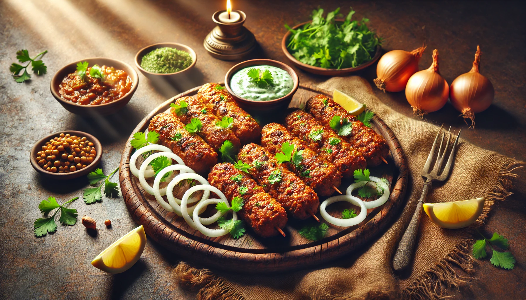 A wide image of freshly made Dahi Ke Kebab served on a rustic wooden platter. The kebabs are golden-brown, garnished with cilantro, onion rings, and served with mint chutney and lemon wedges, creating a warm, inviting atmosphere