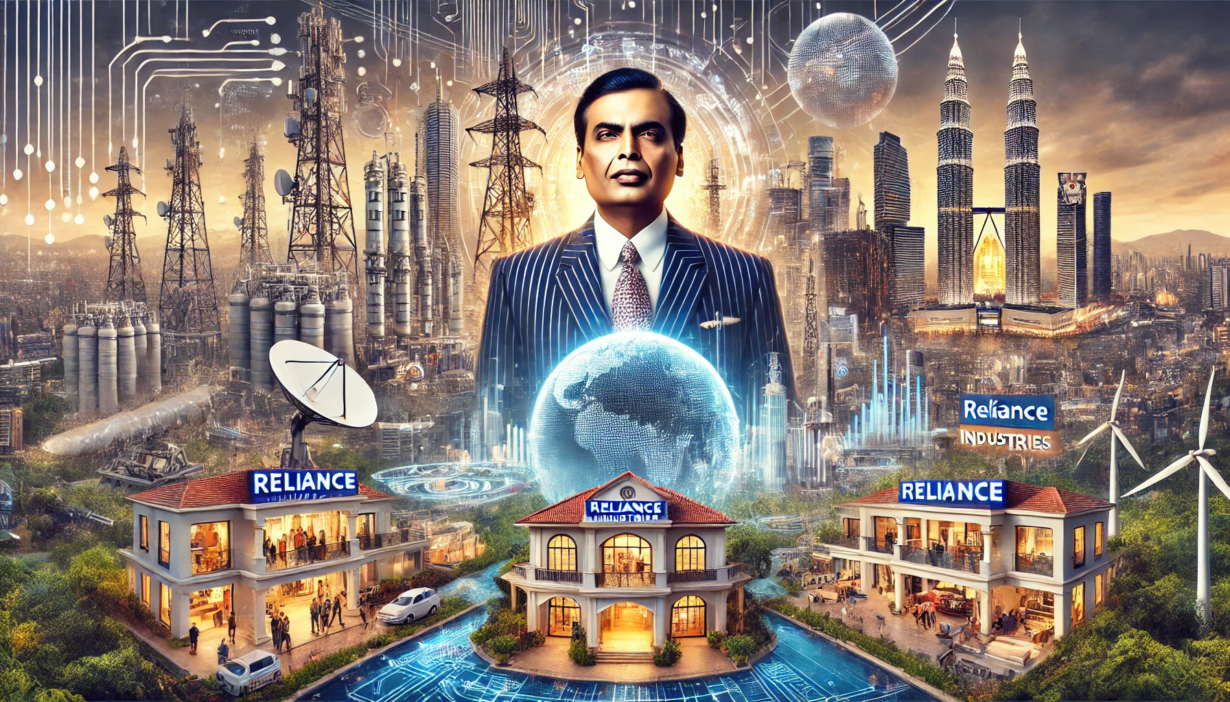 A panoramic view of Mukesh Ambani’s business empire, featuring Reliance Industries, his luxury assets, and global presence.