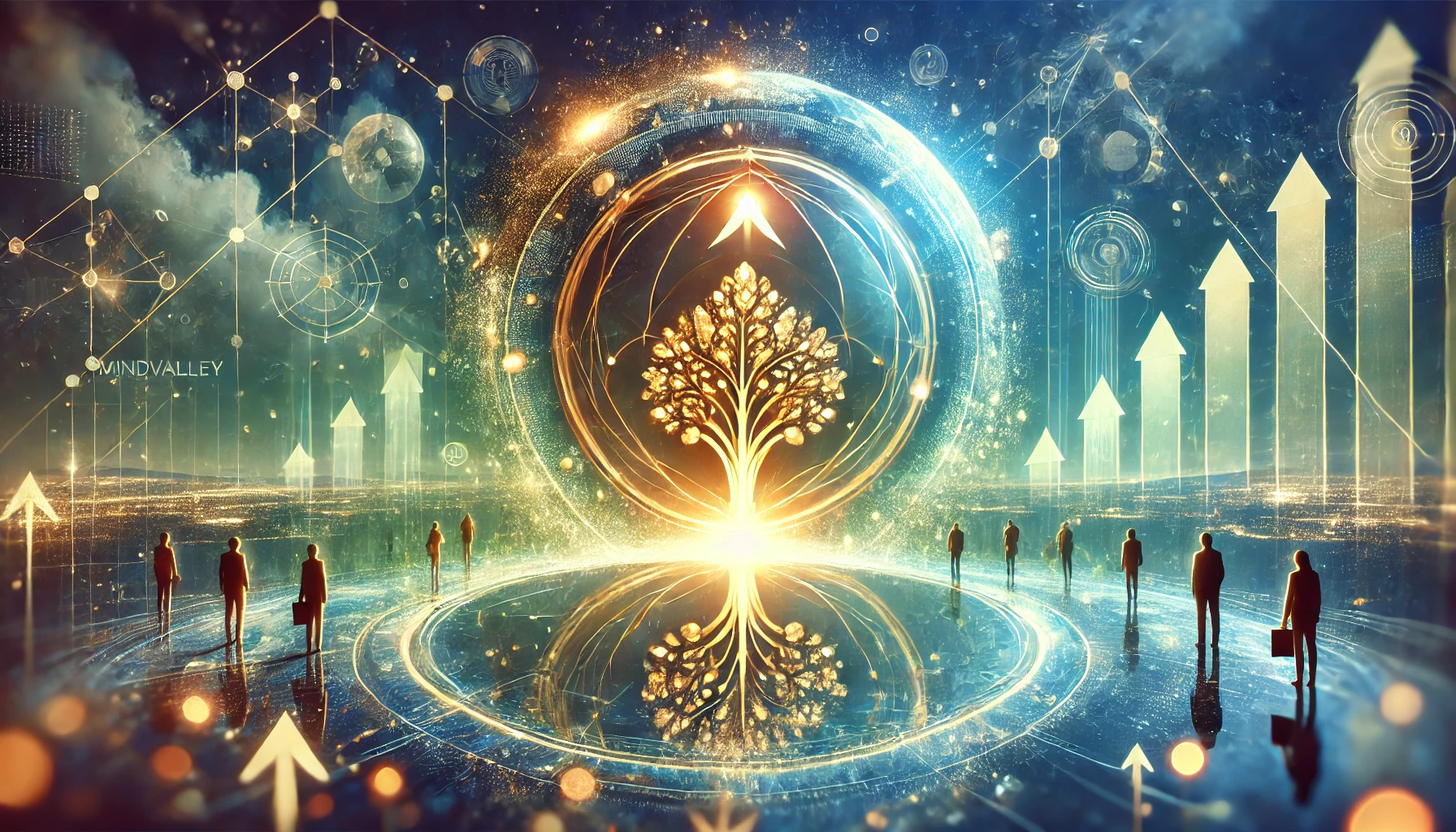 Dynamic digital artwork symbolizing Mindvalley's global influence, featuring a glowing logo in the center, surrounded by abstract representations of growth, prosperity, and success. Upward arrows and a flourishing tree represent progress, with soft blue and green hues in the background evoking trust and personal development