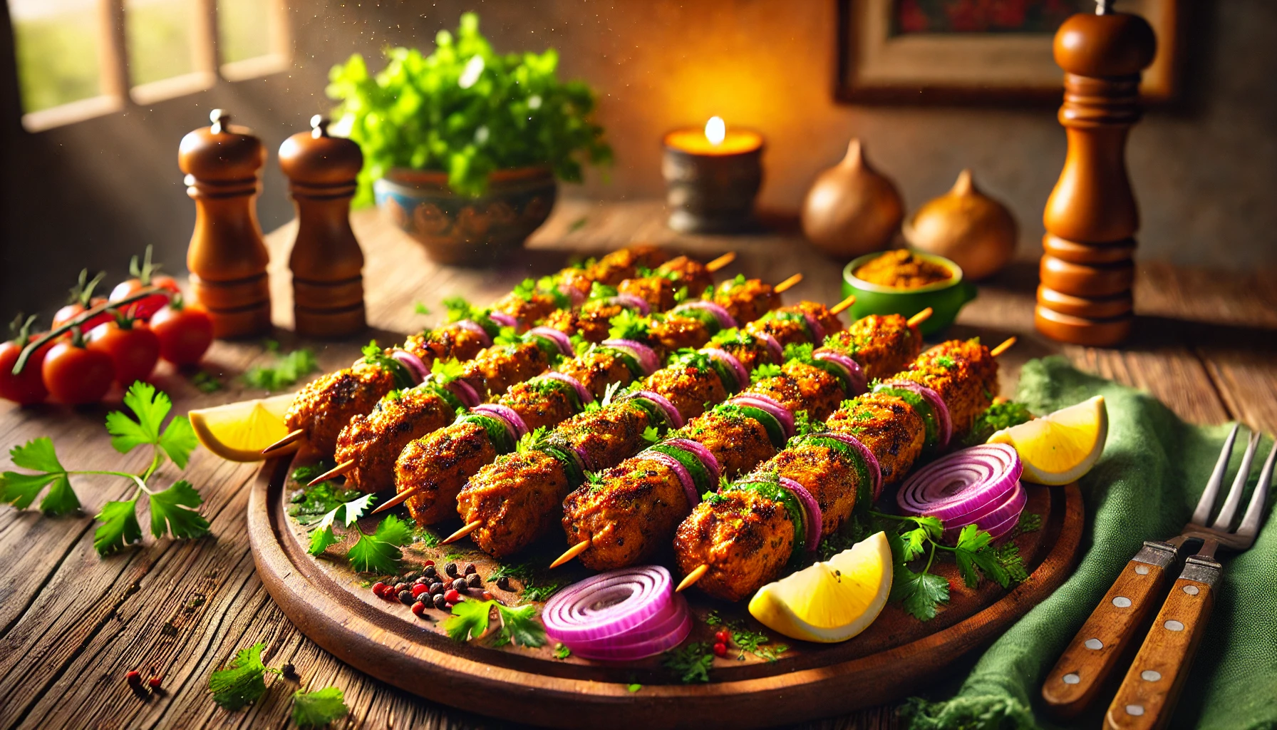 A high-quality photograph of Chopaan Kebab served on a wooden platter, arranged neatly with vibrant garnishes including fresh cilantro, red onions, and lemon wedges. The golden-brown color of the kebabs contrasts with the bright greens and reds. The soft-focus rustic kitchen background features warm ambient lighting, highlighting the rich texture of the grilled meat.