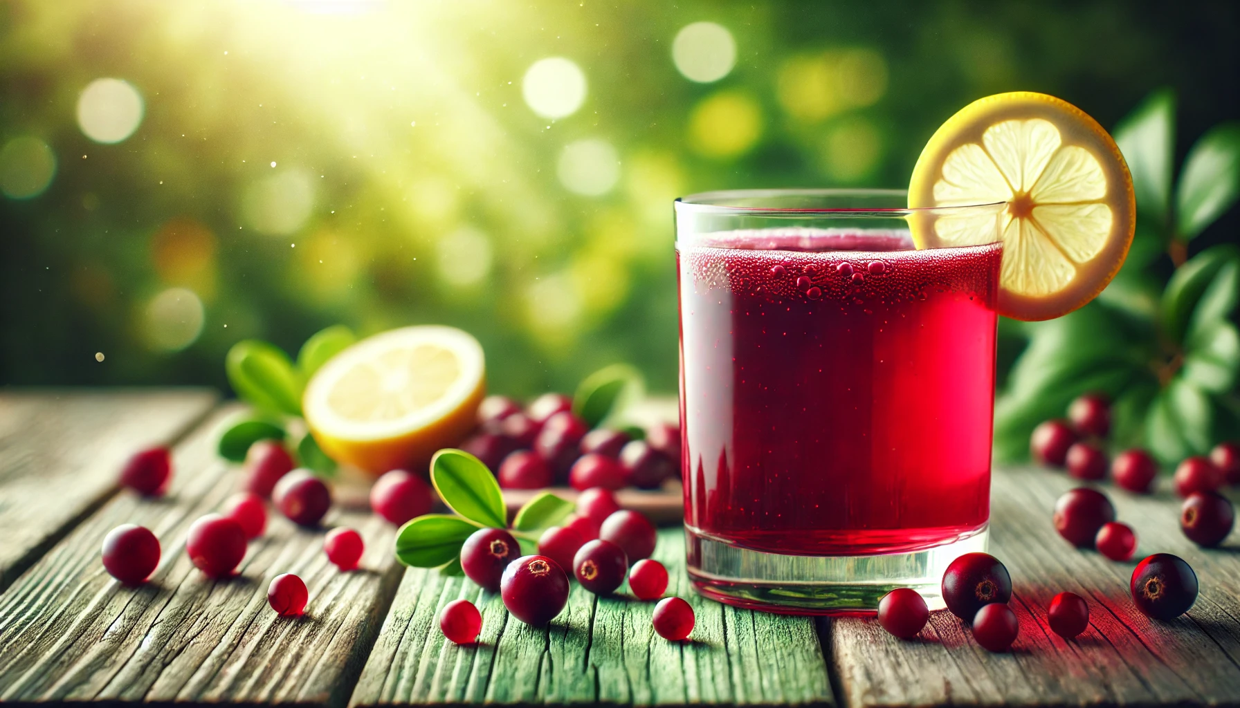 "A refreshing glass of cranberry juice on a wooden table with fresh cranberries scattered around, a slice of lemon on the rim of the glass, set against a soft blurred background of green foliage and sunlight.