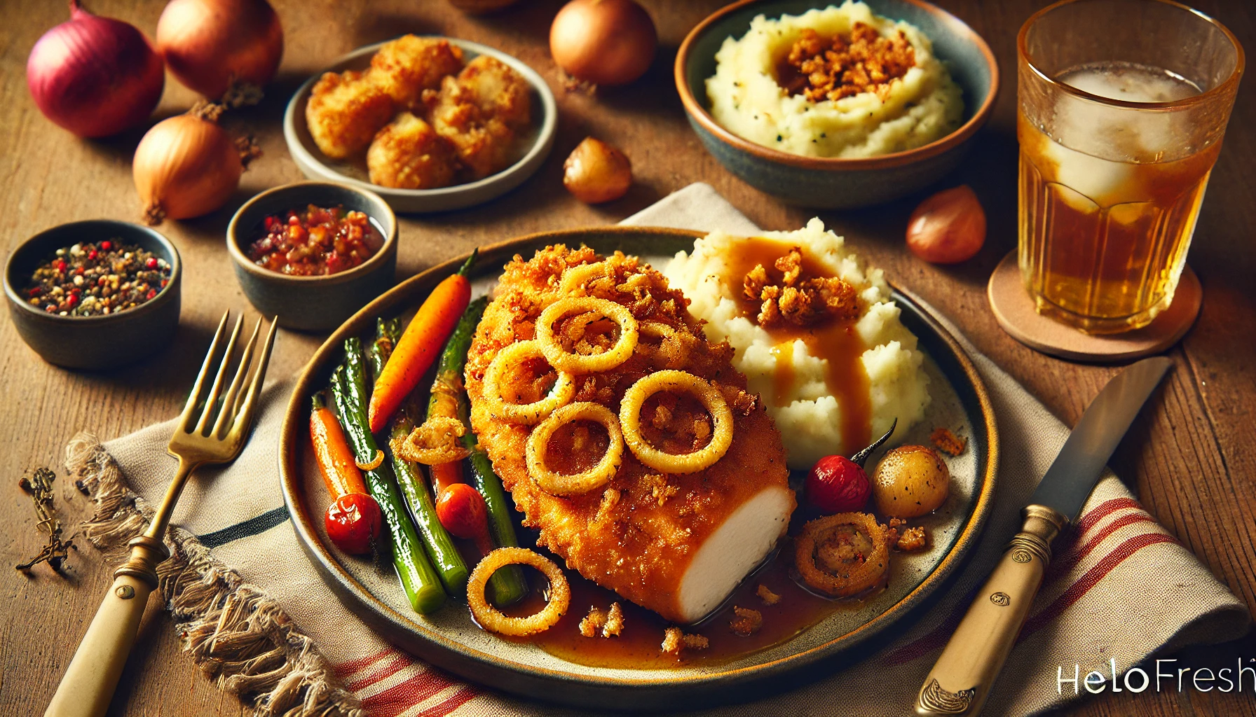 A delicious plate of Hellofresh onion crunch chicken with crispy coating and savory sides.