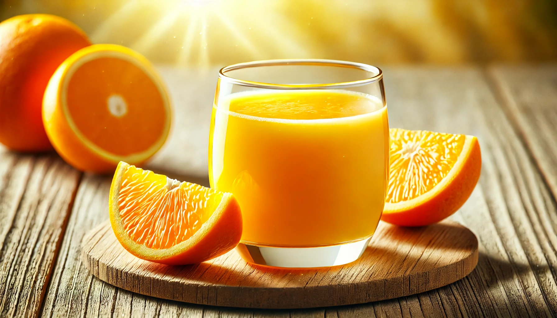 Freshly squeezed orange juice in a glass with orange slices.