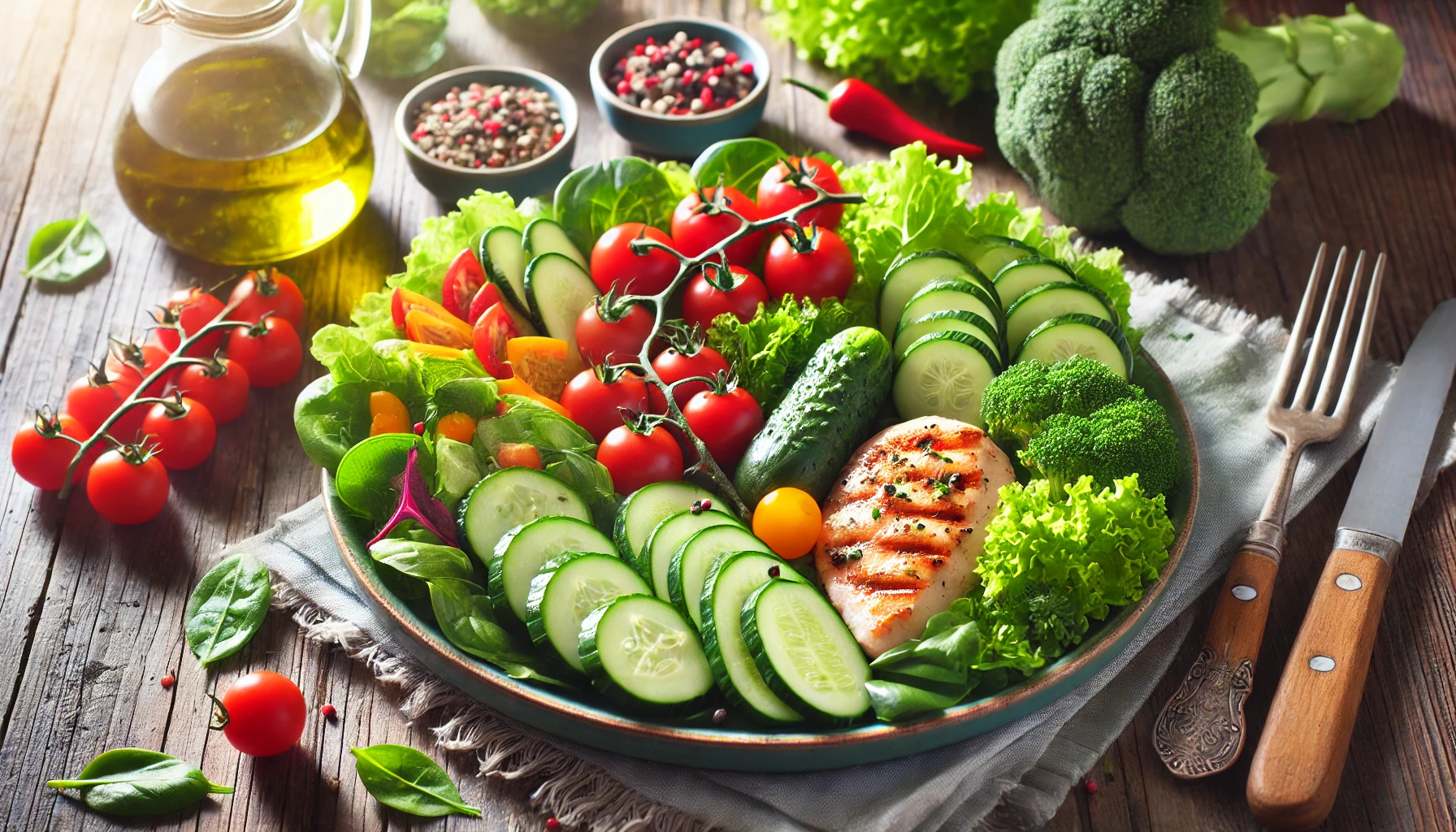 A healthy low-carb meal served on a plate featuring fresh vegetables and lean protein.