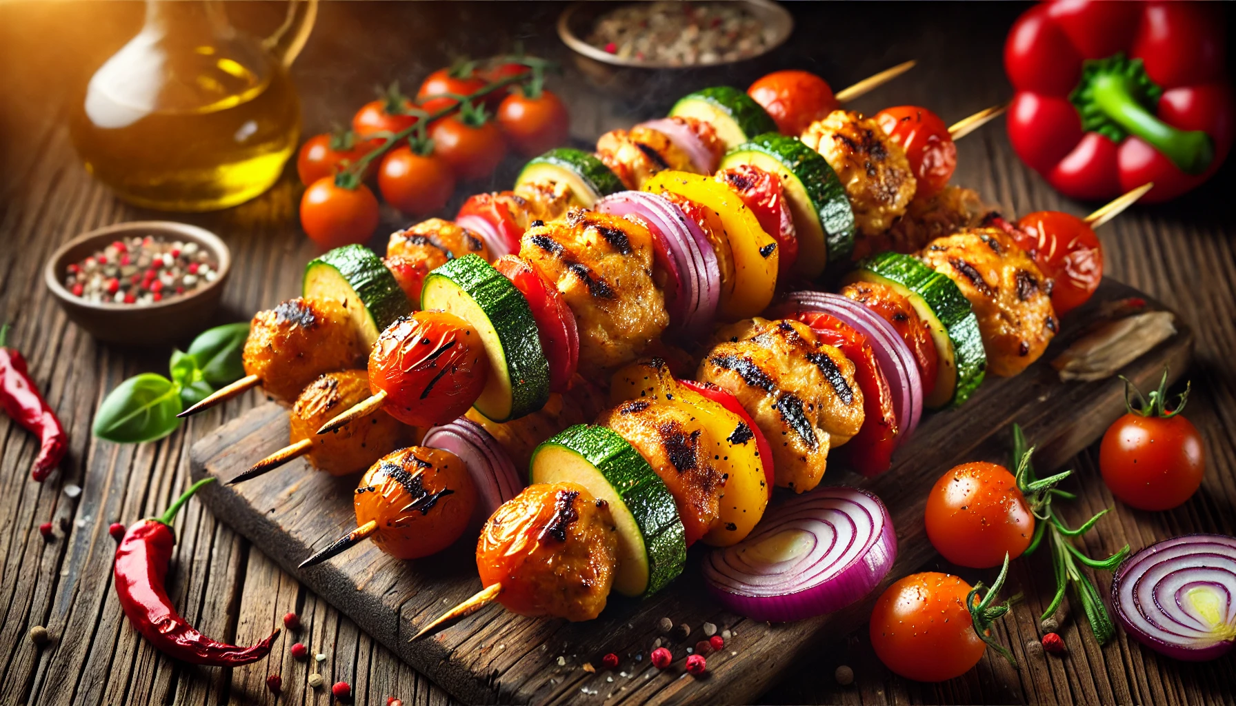 Nutritional breakdown of calories in chicken shish kebab with vegetables on skewers.