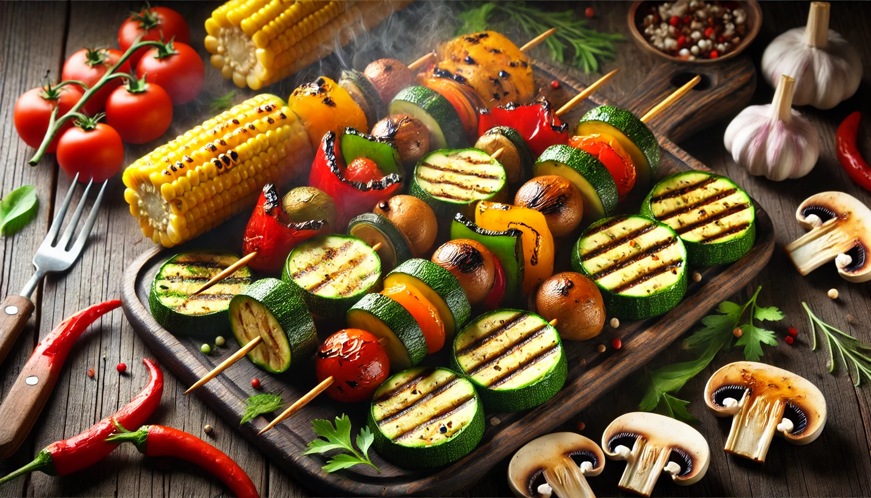 Grilled vegetable platter with zucchini, peppers, mushrooms, and corn on skewers.