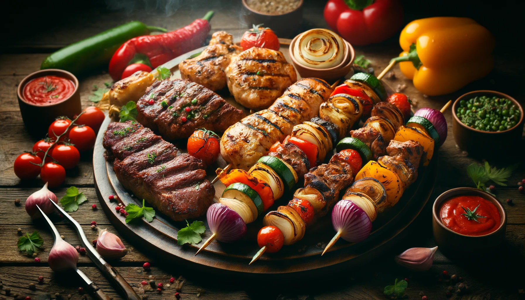 Grilled meat platter featuring chicken, beef, and pork with vegetables on skewers.